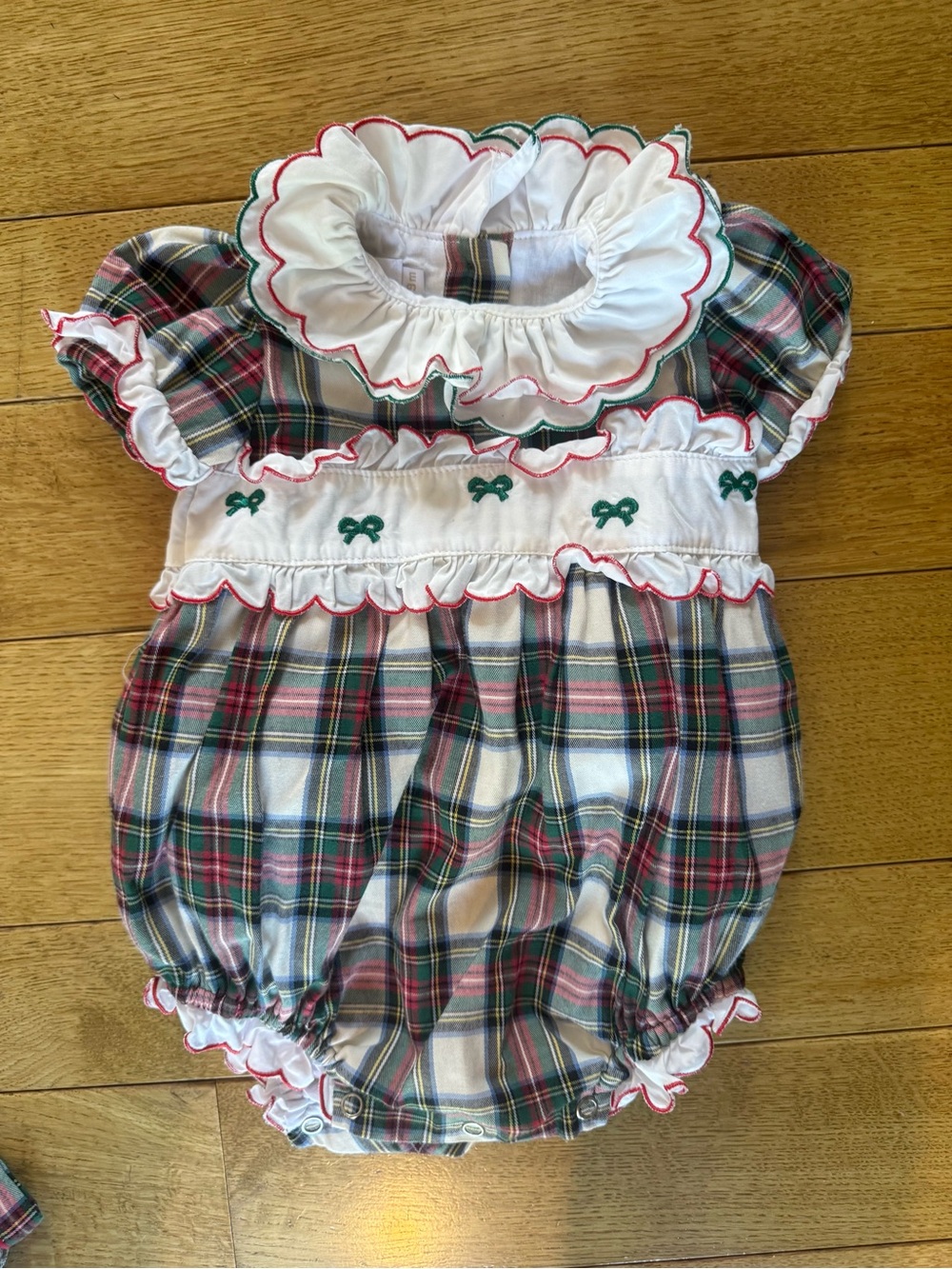 Sal and pimenta Plaid Ruffle Baby Bubble Romper with Embroidered Bows
